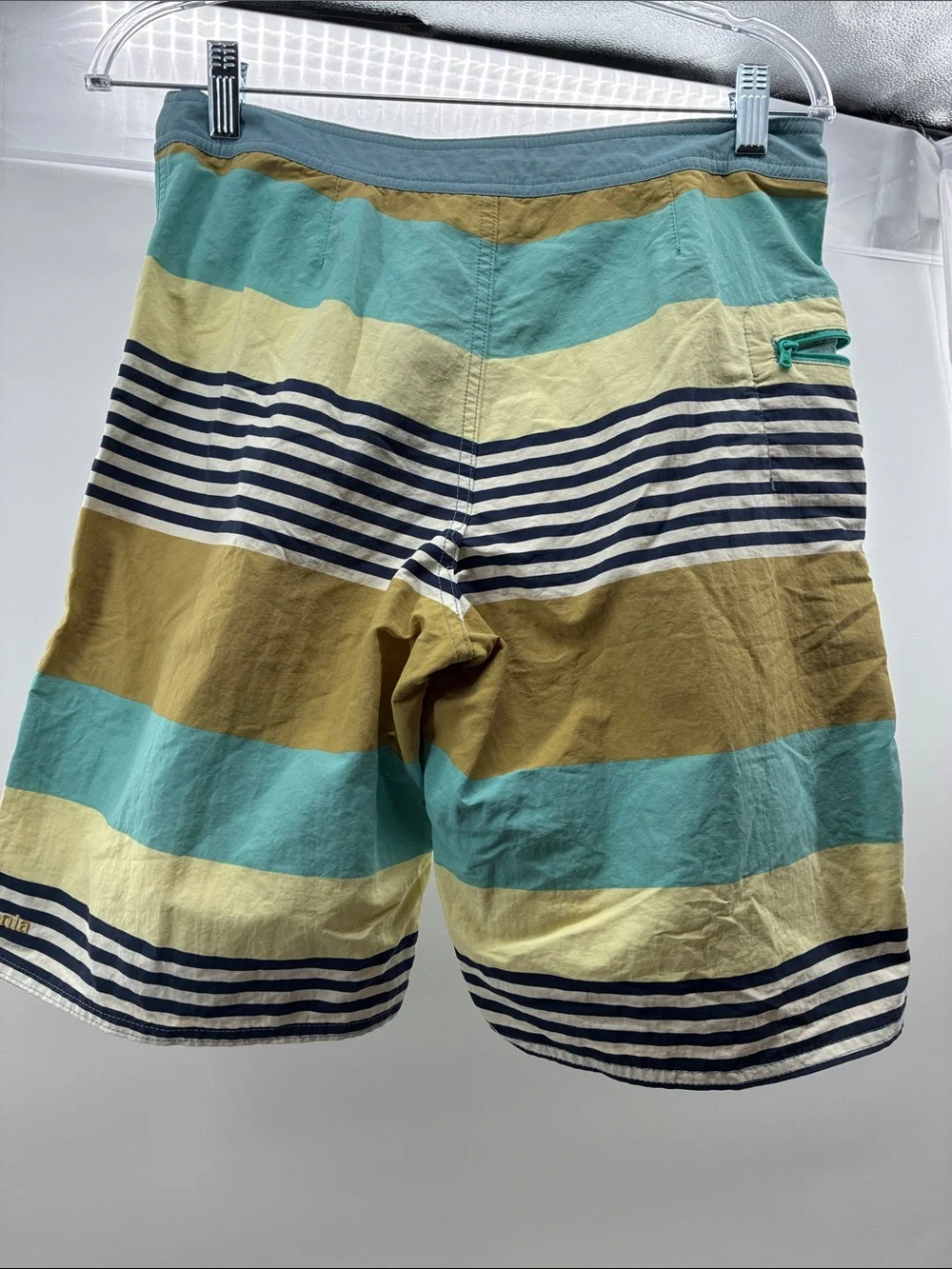 Patagonia Boy’s Teal, Yellow & Navy Striped Board Shorts